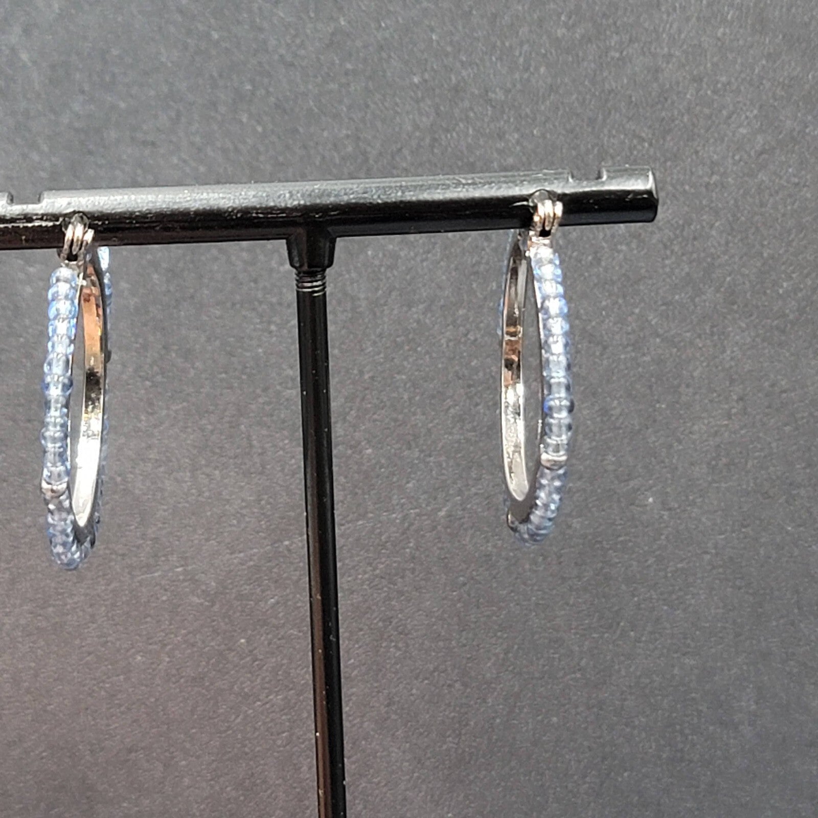 Pierced Earrings Black Metal Blue Seed Bead Hoops 1"