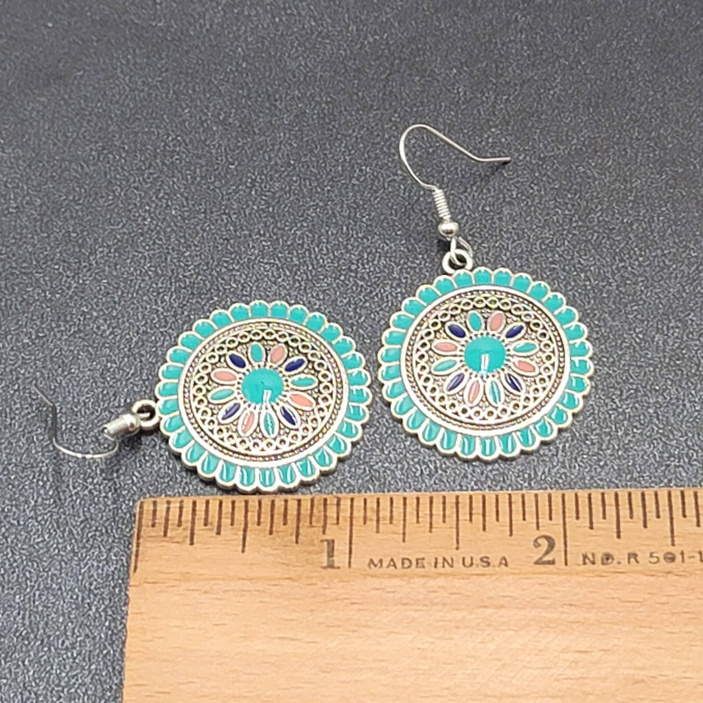 Pierced Earrings Silver tone Enamel Medallion Round Dangle Multicolor 1"
