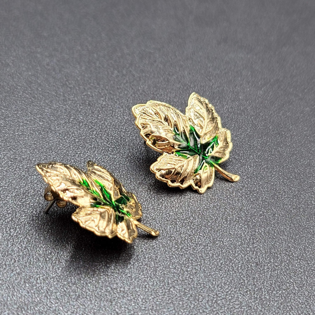 Pierced Earrings Gold tone Green Enamel Leaves Drop 1.25"