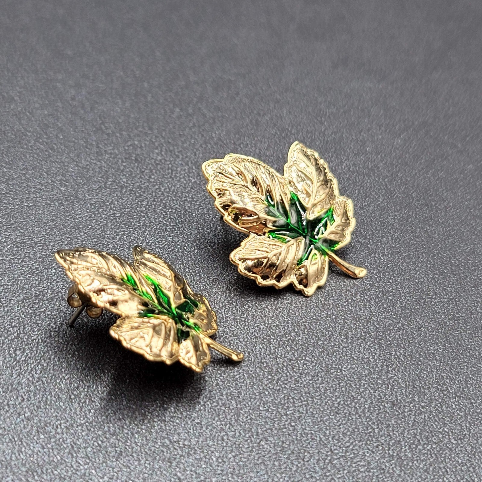 Pierced Earrings Gold tone Green Enamel Leaves Drop 1.25"
