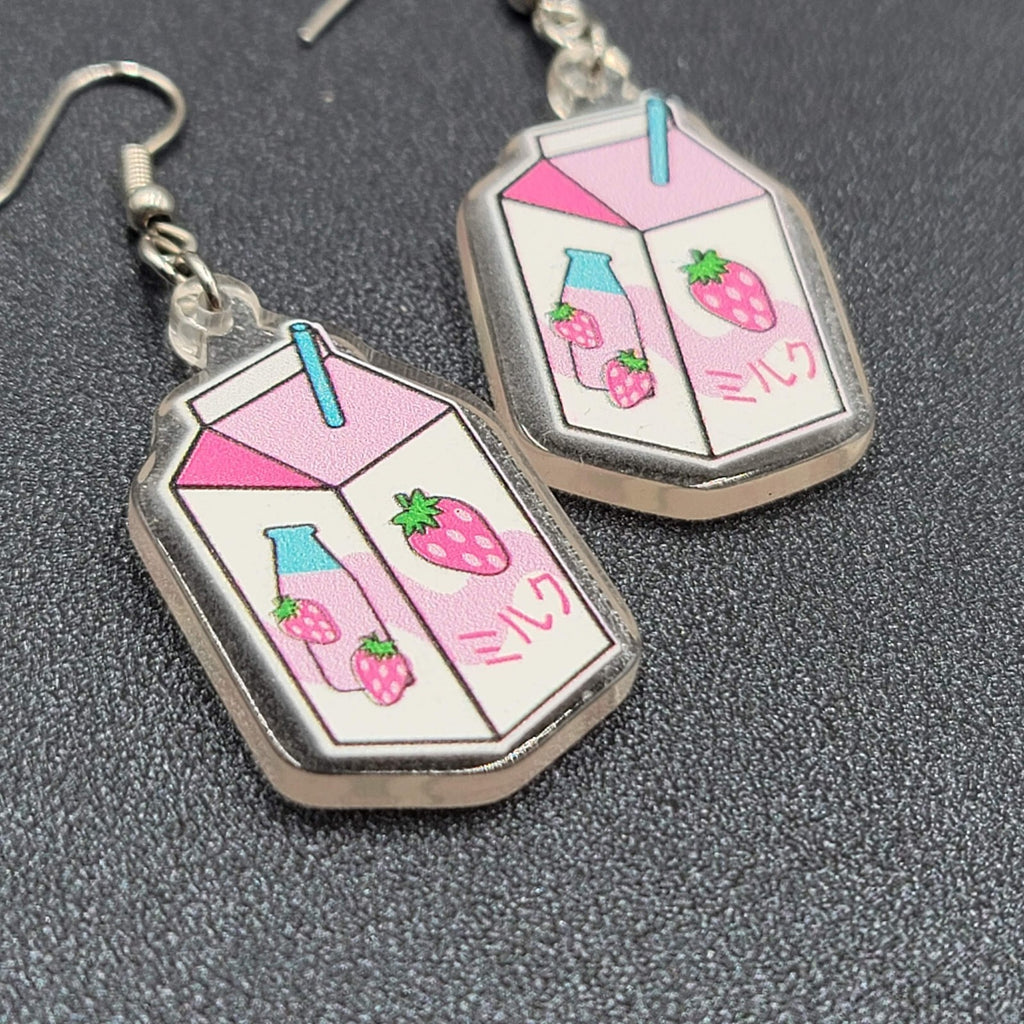 Strawberry Milk Pierced Earrings Acrylic Dangle Silver tone Hooks 1.5"