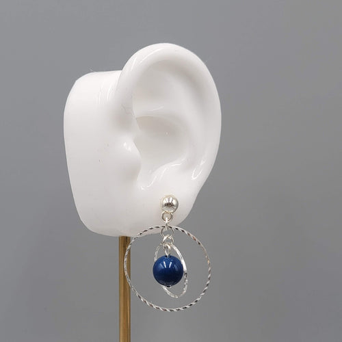 Dangle Circles Pierced Earrings Silver tone Blue Bead 1.25"