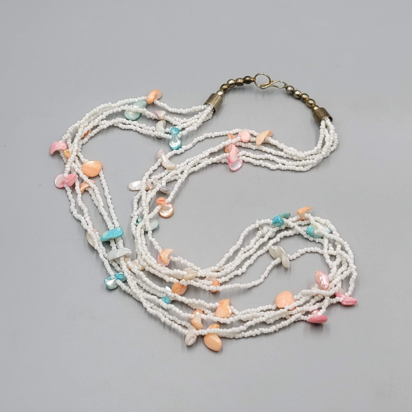 Vintage Multicolor Shell Necklace 5 Strand White Seed Bead  24"