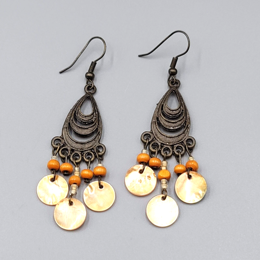 Bronze tone Chandelier Pierced Earrings Wood Bead Orange Shell Dangle 2"