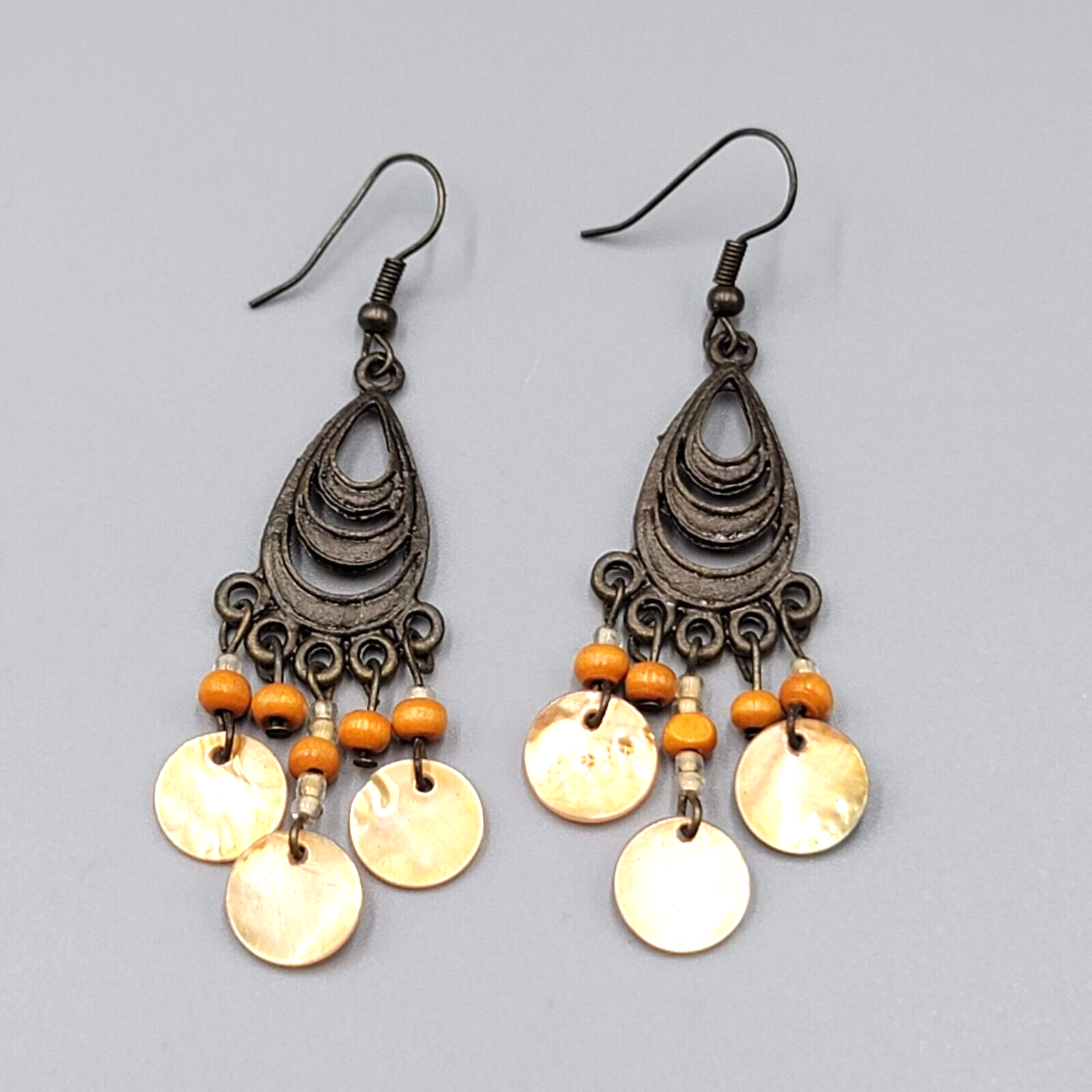 Bronze tone Chandelier Pierced Earrings Wood Bead Orange Shell Dangle 2"