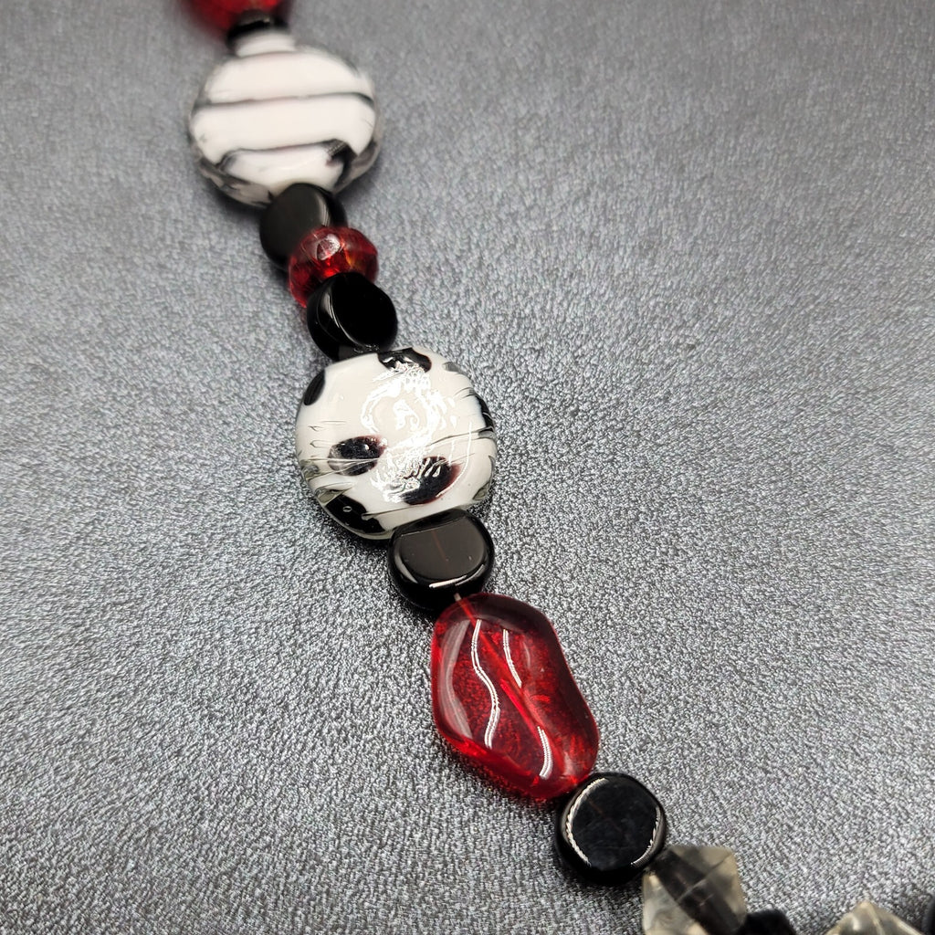 Black White Red Glass Bead Statement Necklace 26 in Toggle Clasp