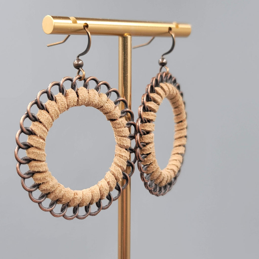 Pierced Earrings Bronze tone Dangle Faux Suede Leather Wrapped 1 5/8"