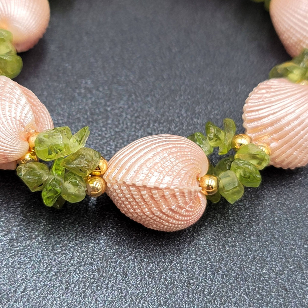 Real Seashell Bracelet Painted Pink Green Chip Gemstones Elastic  7"