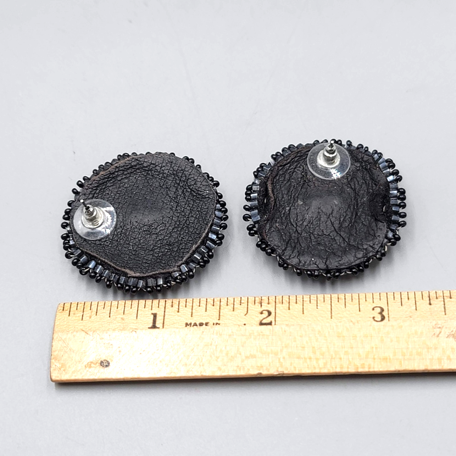 Vintage Black Seed Bead Round Pierced Earrings Statement 1.5 in