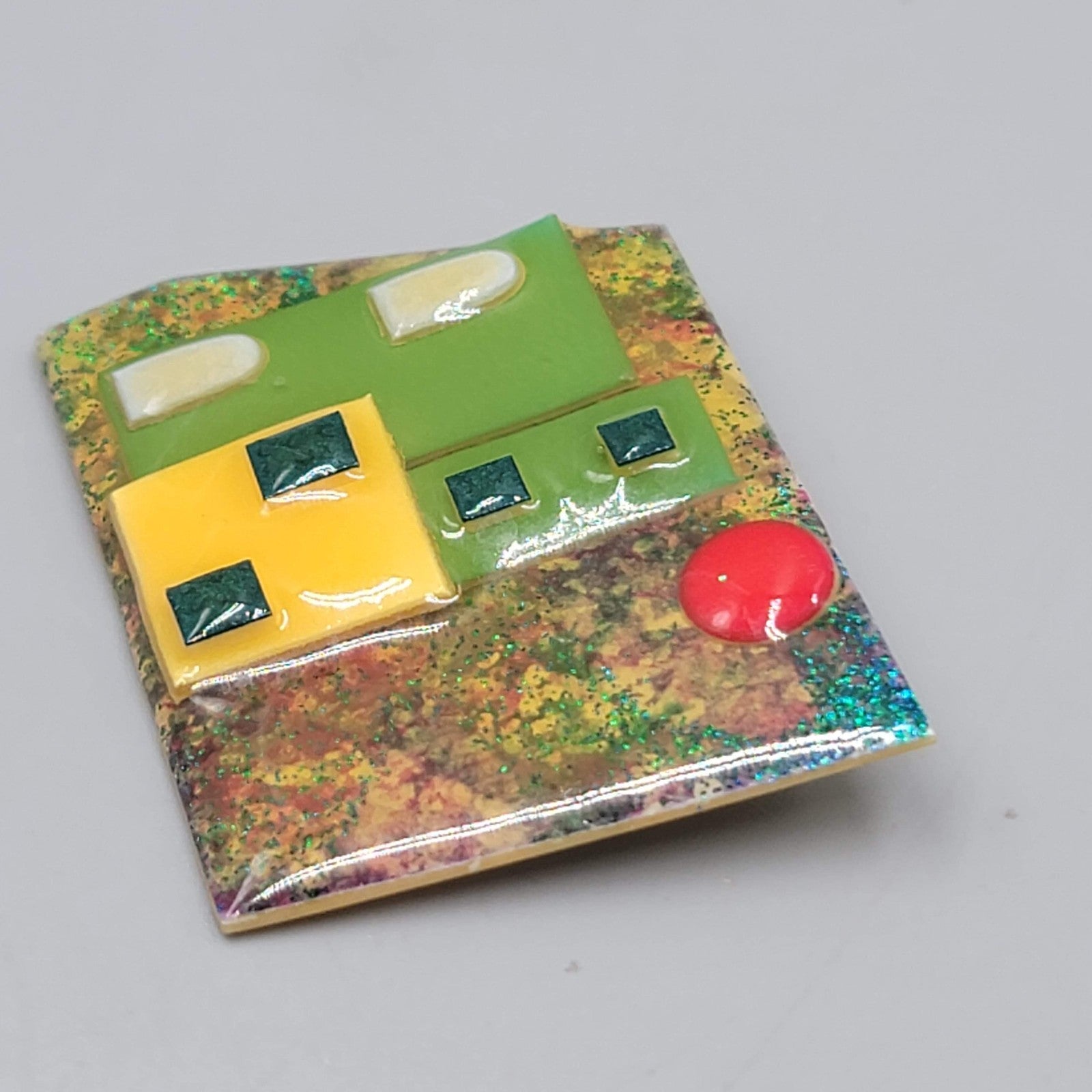 Lucinda House Pin Brooch Green Yellow House Red Sun Moon 2.25"