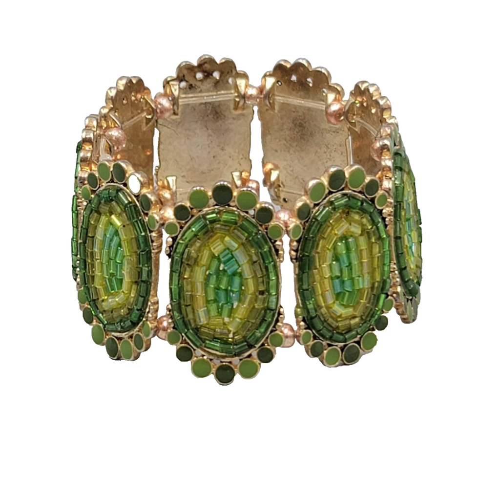 Green Seed Bead Panel Elastic Bracelet Gold tone 6"