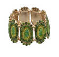 Green Seed Bead Panel Elastic Bracelet Gold tone 6"
