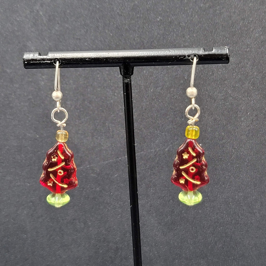 Pierced Earrings Silver tone Red Glass Bead Christmas Tree Dangle 1"