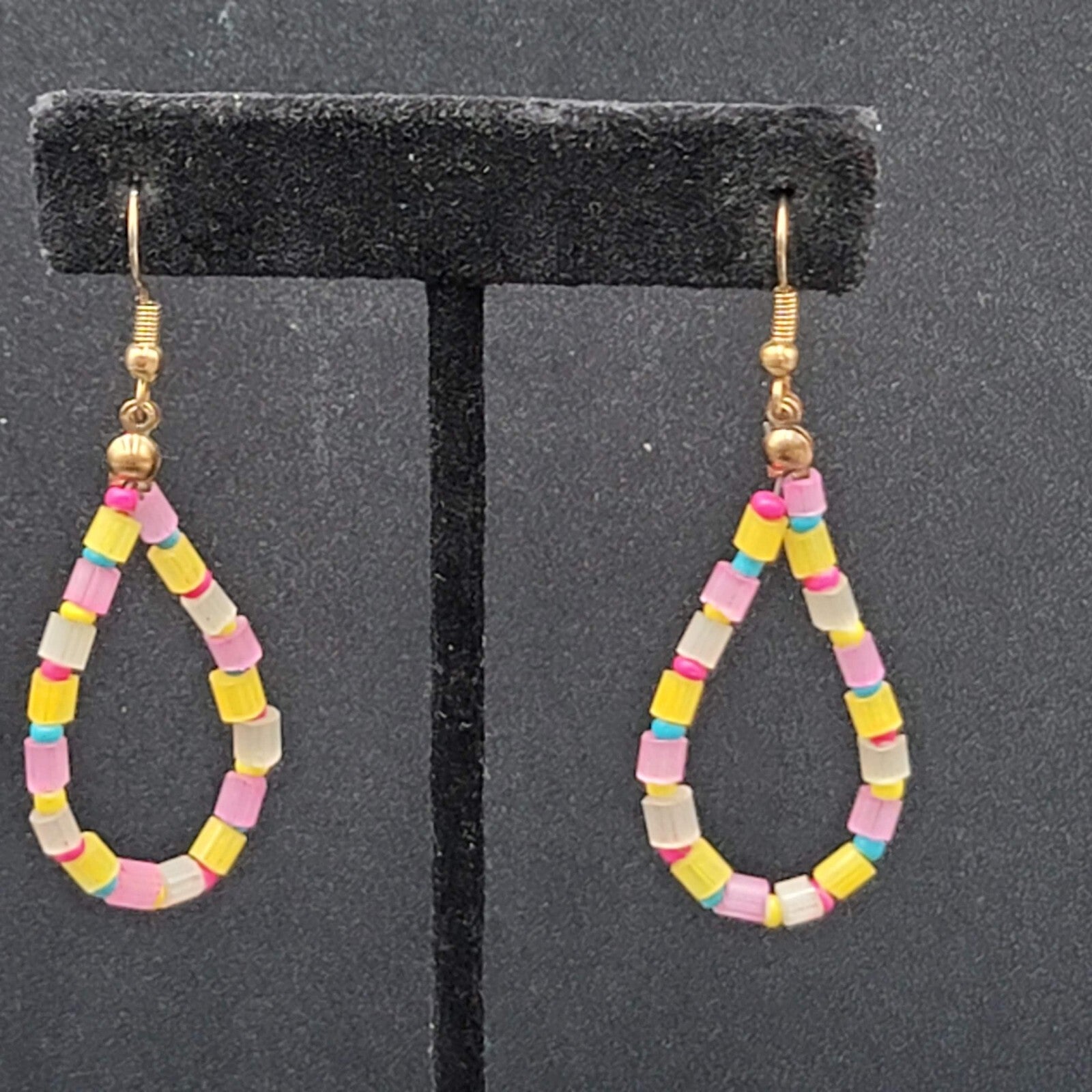 Pierced Earrings Blue Yellow Pink Beaded Teardrop Hoops 1.75"