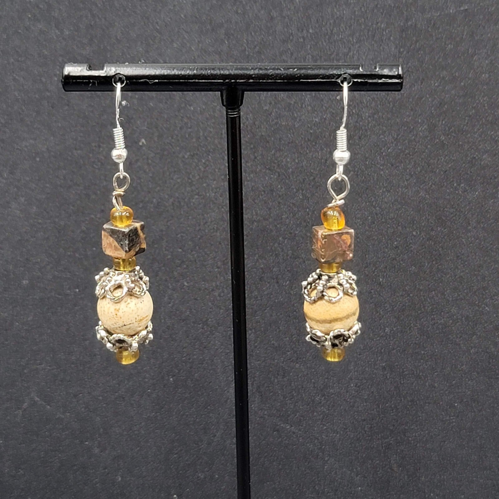 Pierced Earrings Agate Stone Beads Sterling Silver Hooks 1.25"