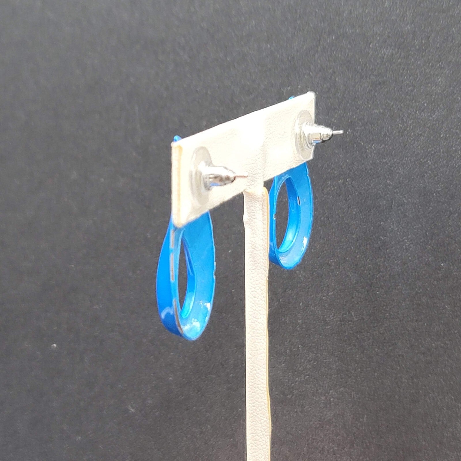 Vintage Pierced Earrings Blue Enamel over Metal Open Teardrop 1 3/8"