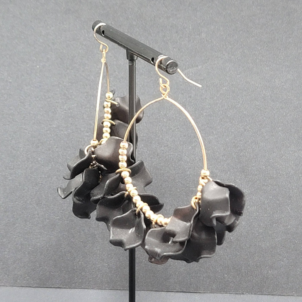 Pierced Earrings Gold tone Black Acrylic Hoops Dangle 2.5"