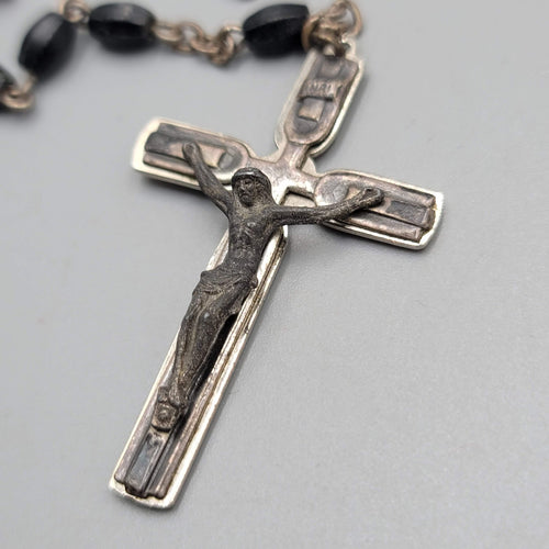 Catholic Rosary Crucifix Black Plastic Beads Silver tone Made in Italy