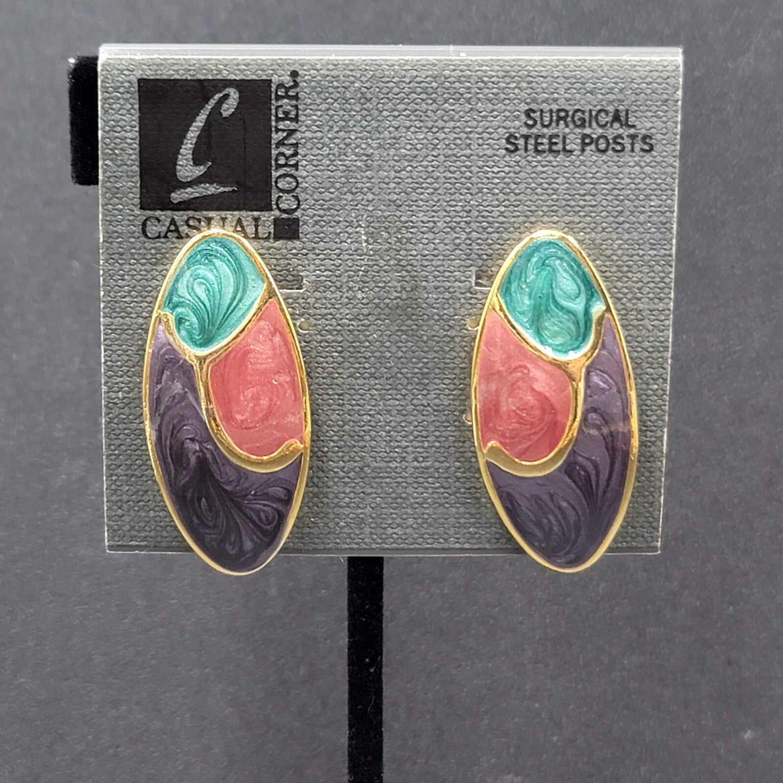 Vintage Pierced Earrings Gold Plated Teal Pink Purple Enamel Drop 1.5"