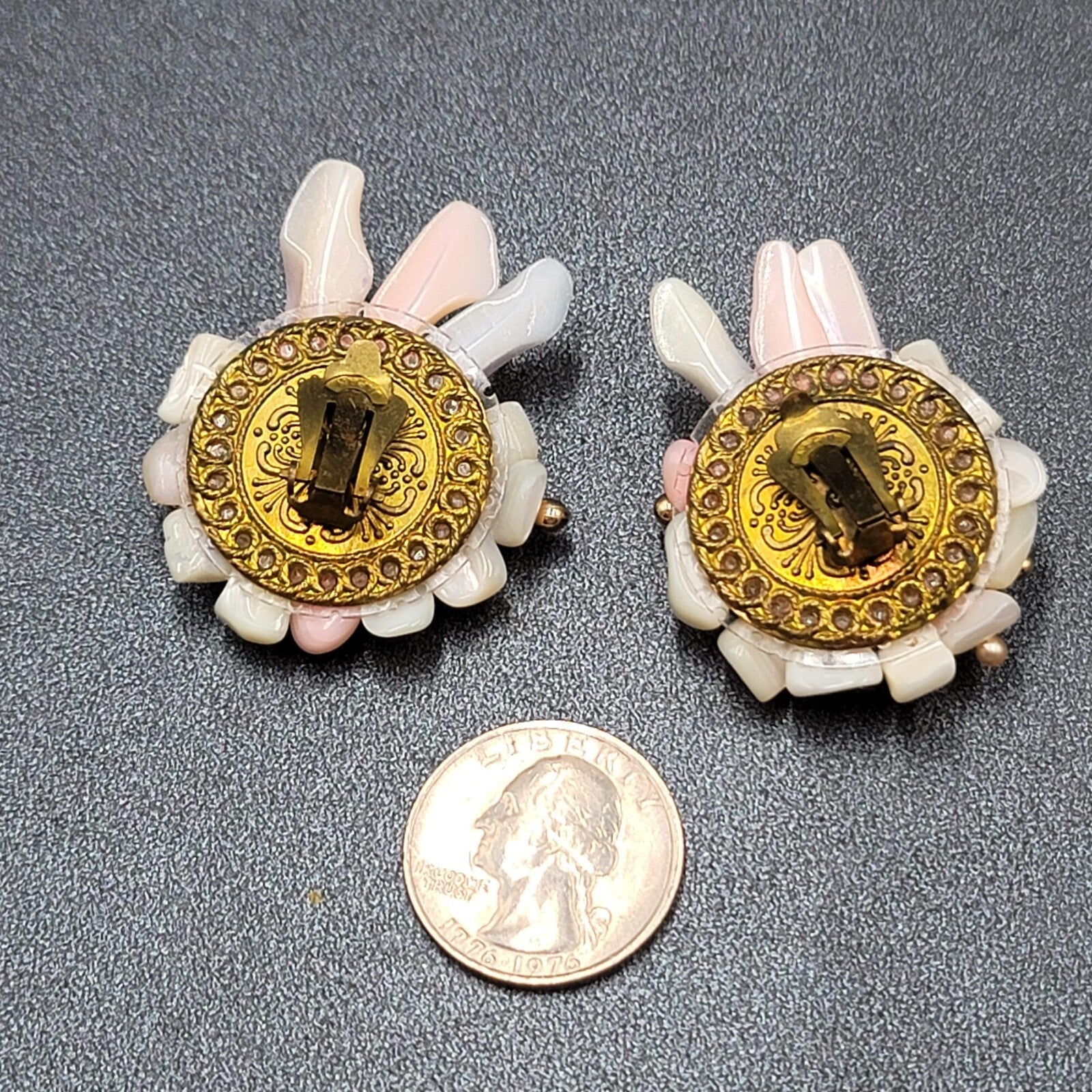Vintage Clip on Earrings Large Statement Shell Climber Cluster Beads 1.75"