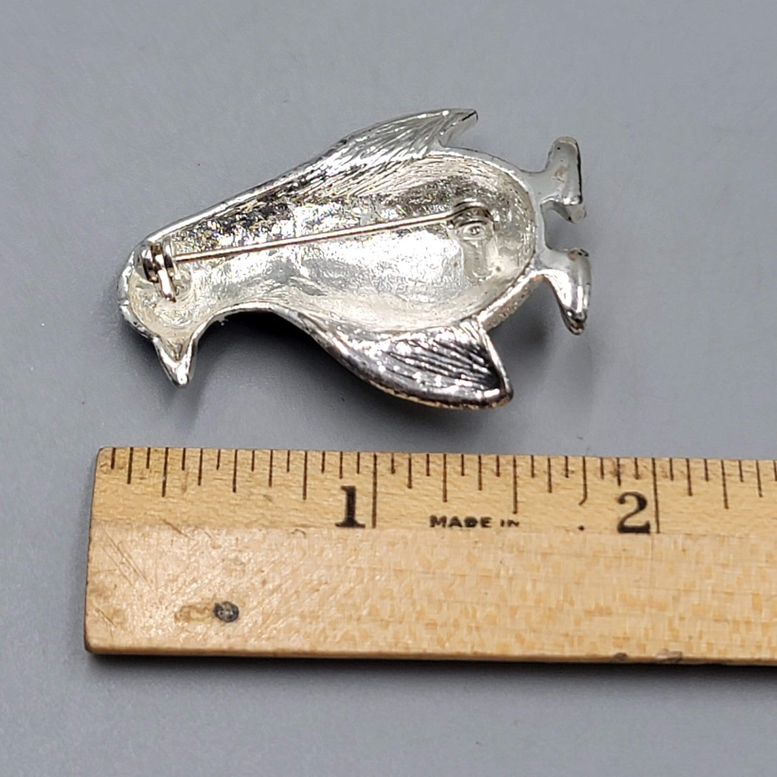 Penguin Brooch Rhinestone Black & White Silver tone 1.75"