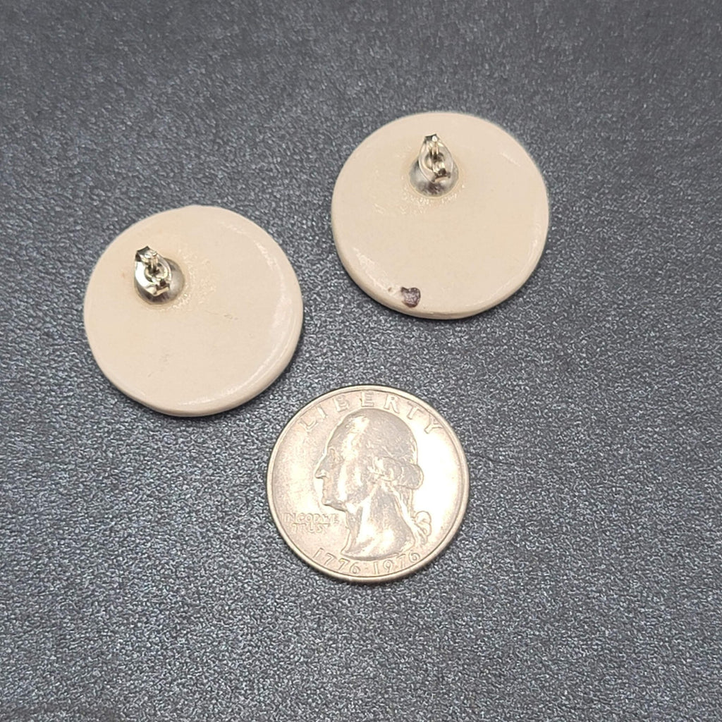 Vintage Pierced Earrings White Clay Hand Painted Black Accent Drop 1"