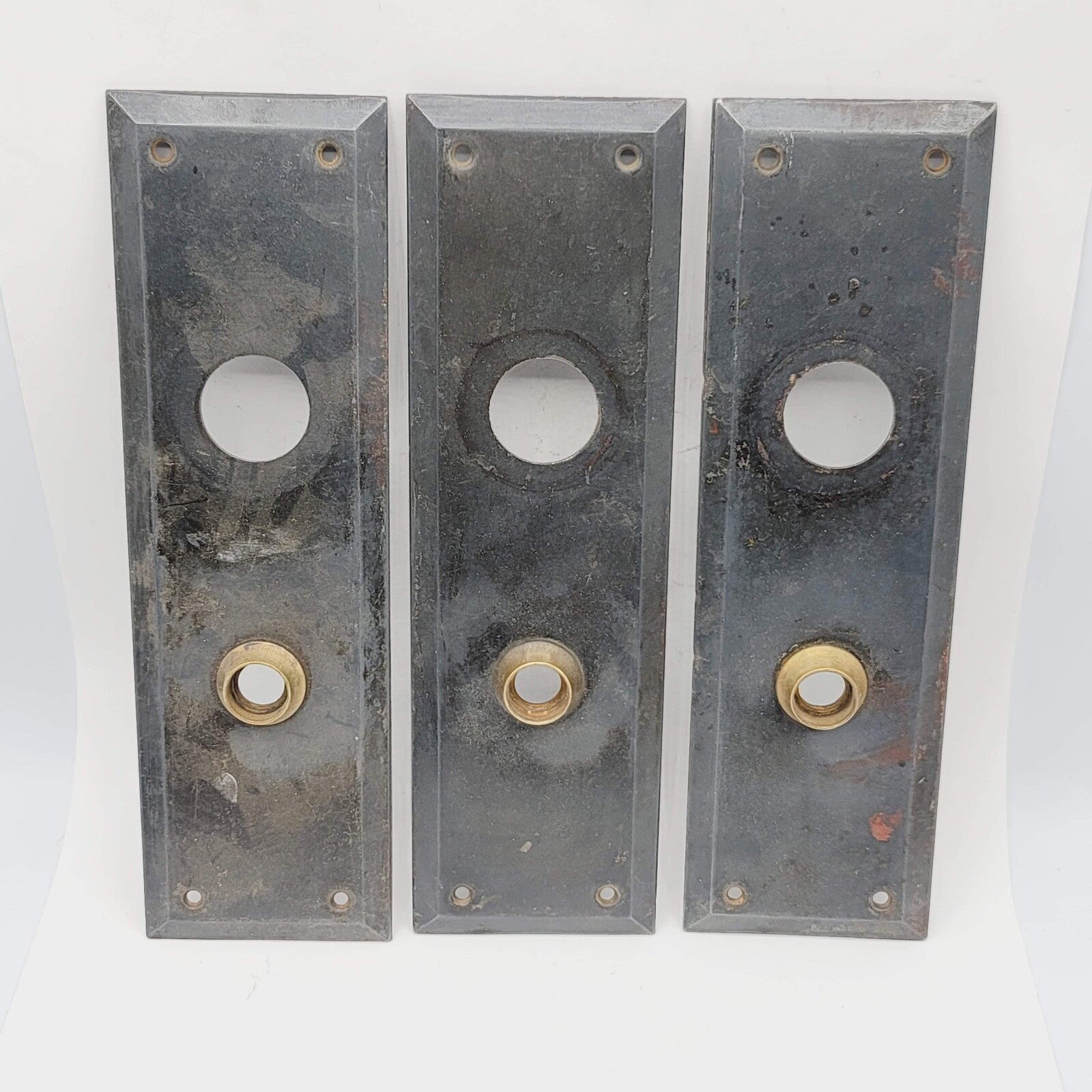 Lot of 3 Vintage Steel Exterior Doorknob Back Plate 10" x 3" holes 3 3/4"
