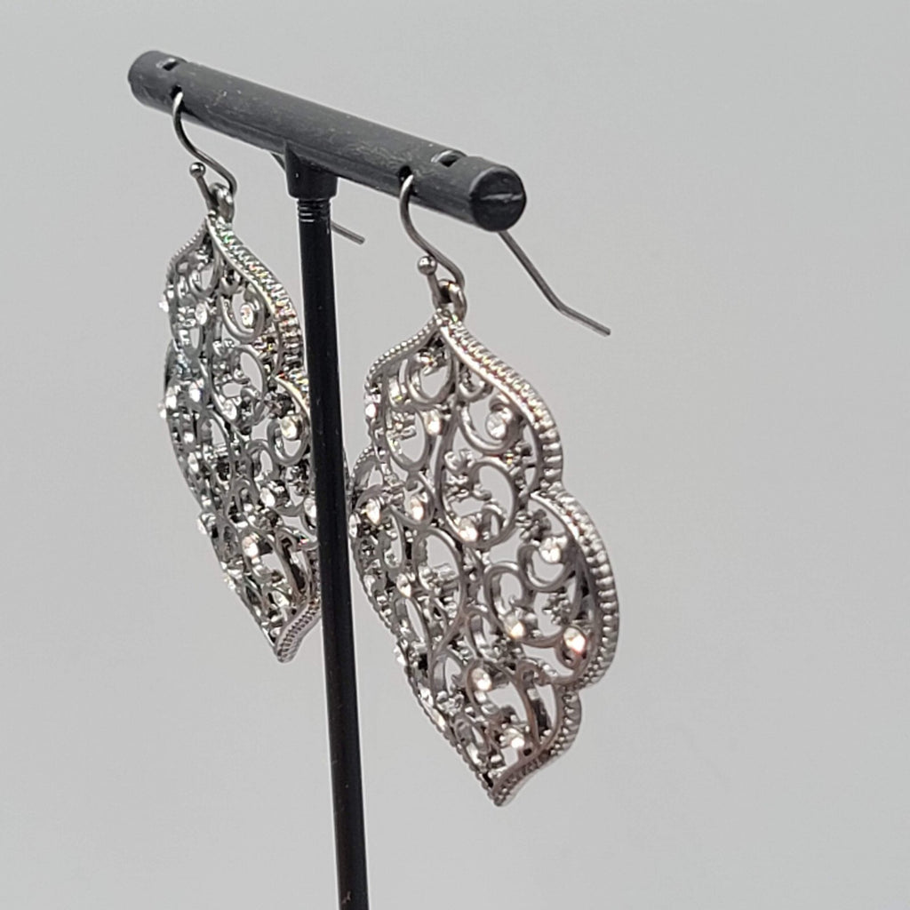 Pierced Earrings Black Metal Crystal Rhinestone Filigree Dangle 1.75"