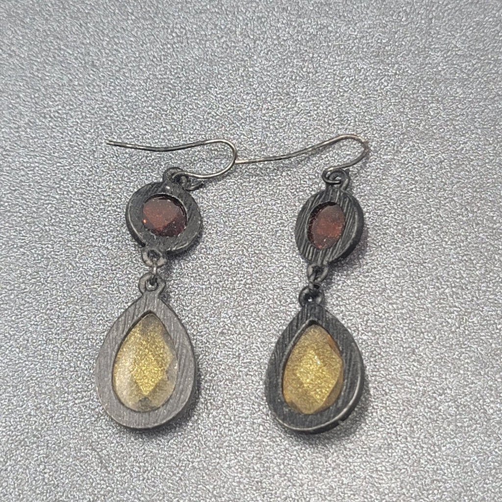 Pierced Earrings Black Metal Orange Yellow Acrylic Dangle 1.5"