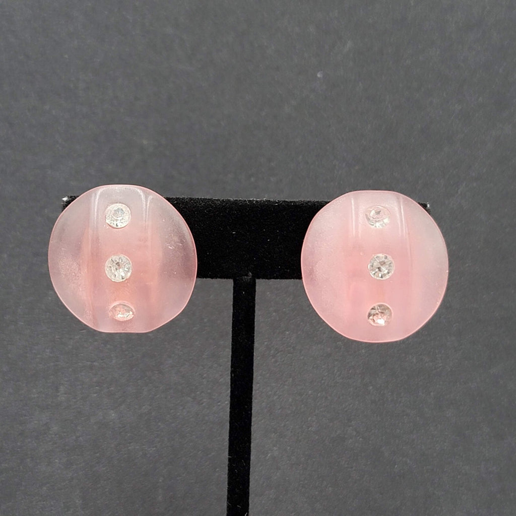 Vintage Clip on Earrings Pink Translucent Acrylic Rhinestone Dome 1"