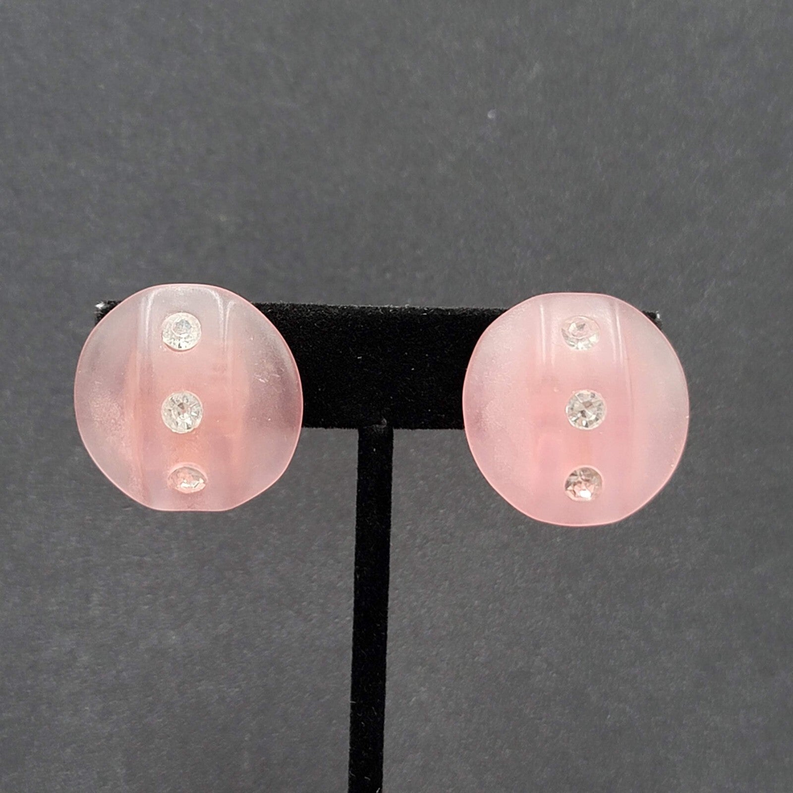 Vintage Clip on Earrings Pink Translucent Acrylic Rhinestone Dome 1"