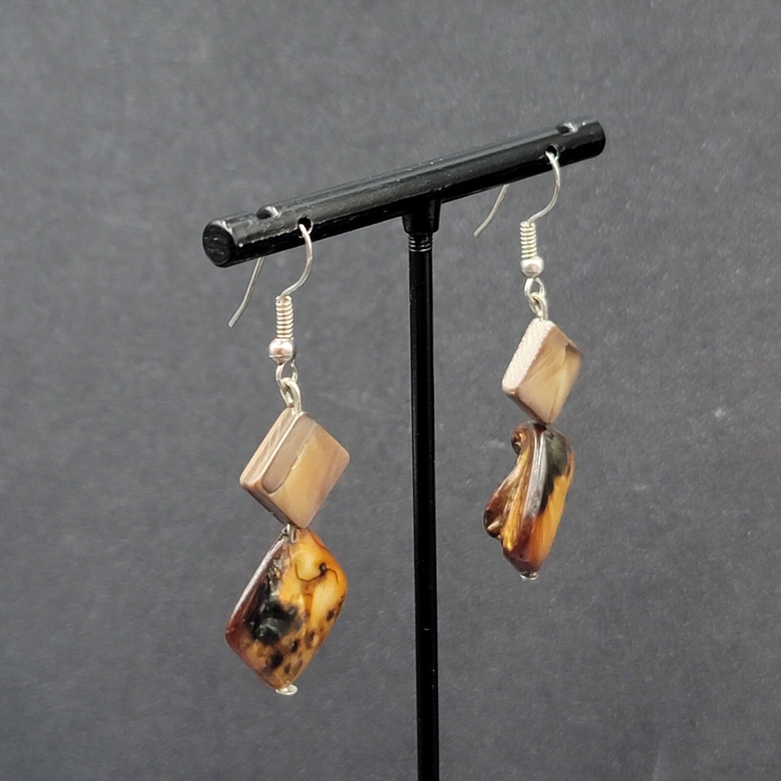 Pierced Earrings Silver tone Dyed Brown Shell Square Beads Dangle 1 3/8"