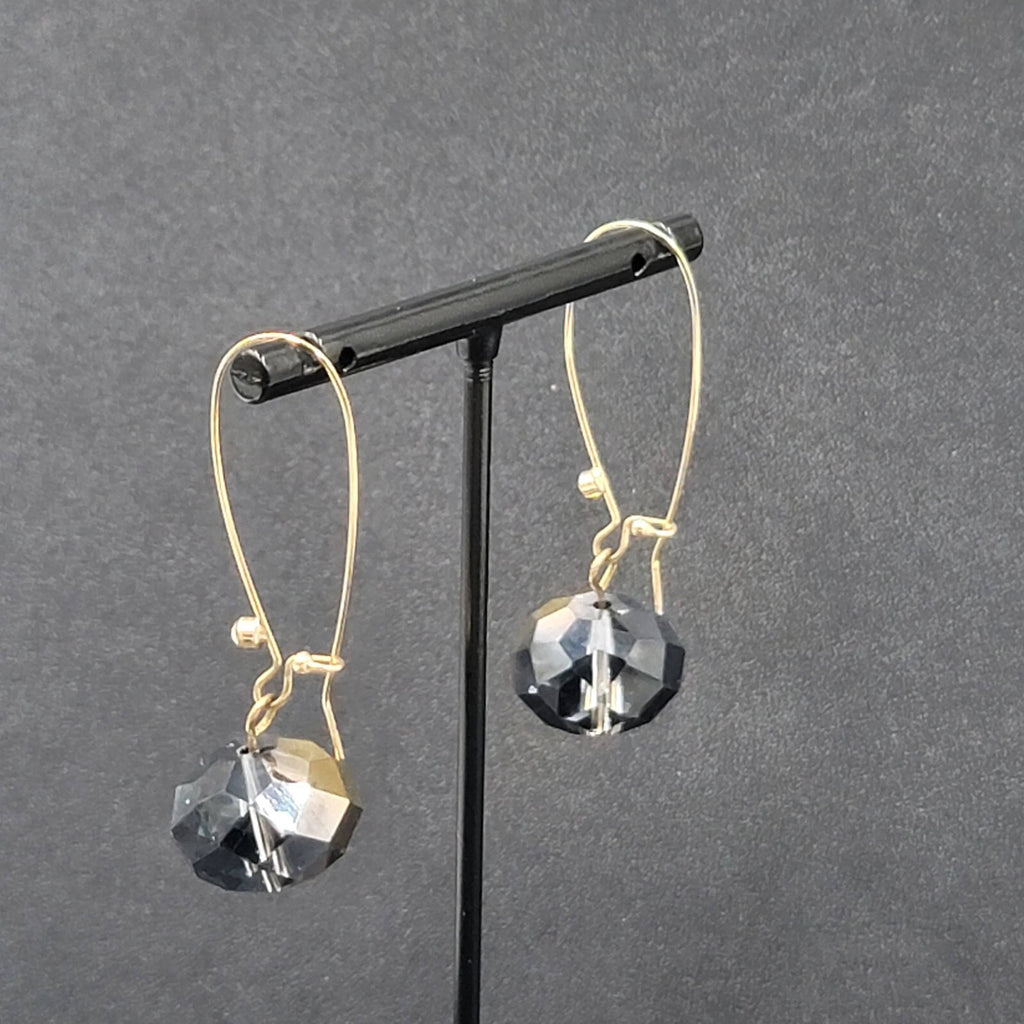 Pierced Earrings Gold tone faceted Glass Bead Smokey Gray Dangle 2"