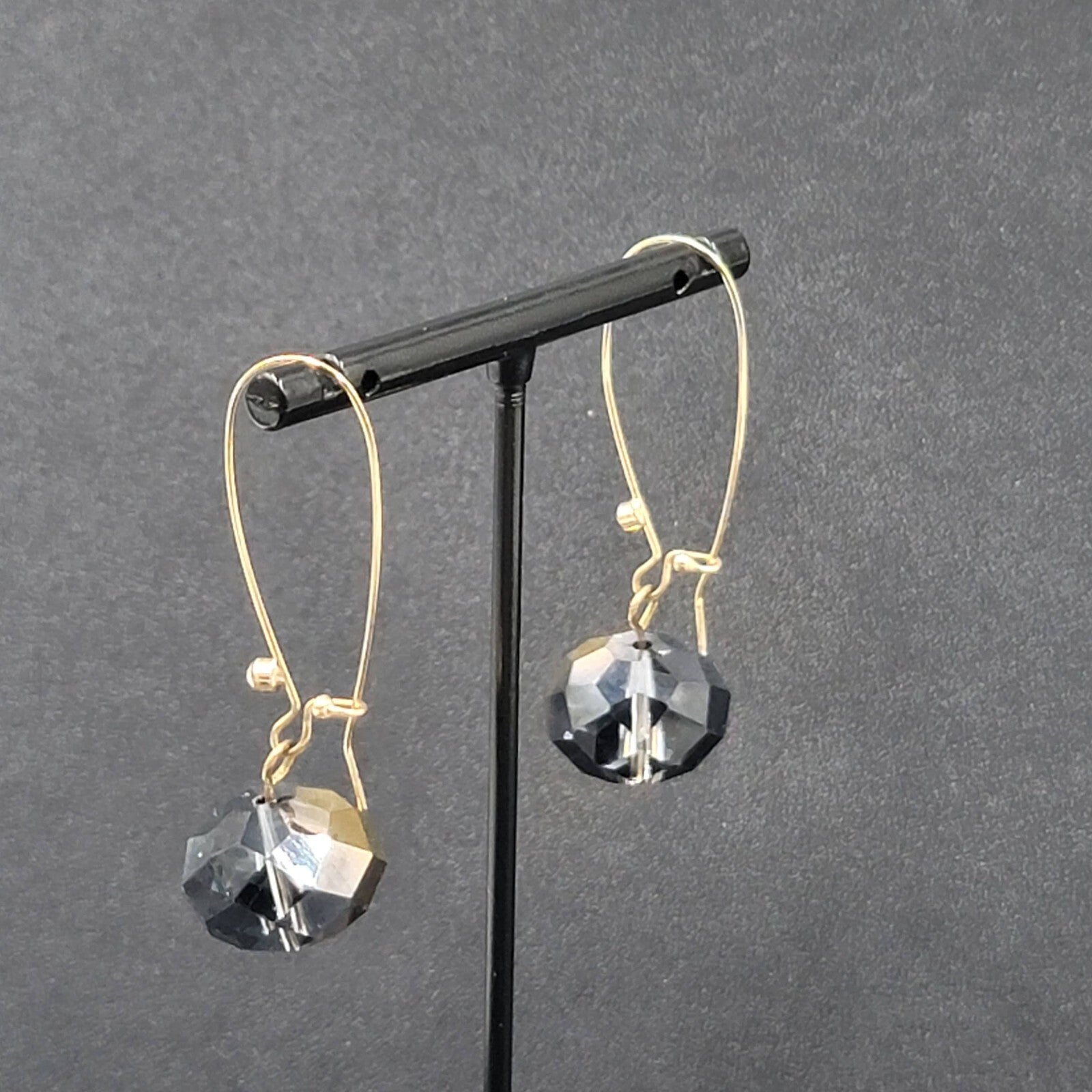 Pierced Earrings Gold tone faceted Glass Bead Smokey Gray Dangle 2"