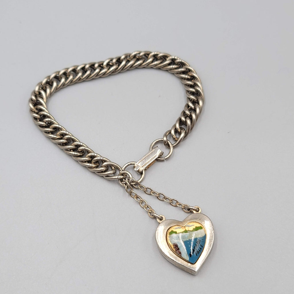 Vintage Niagara Falls Dangle Heart Charm Souvenir Bracelet Silver tone 6.5 in