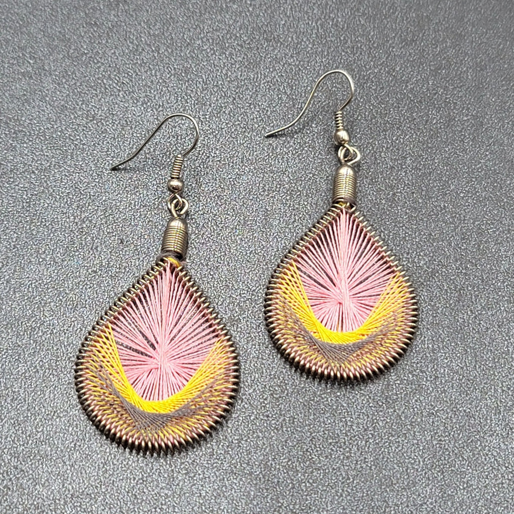 Pierced Earrings Silver tone String Art Yellow Pink Purple Teardrop 2"