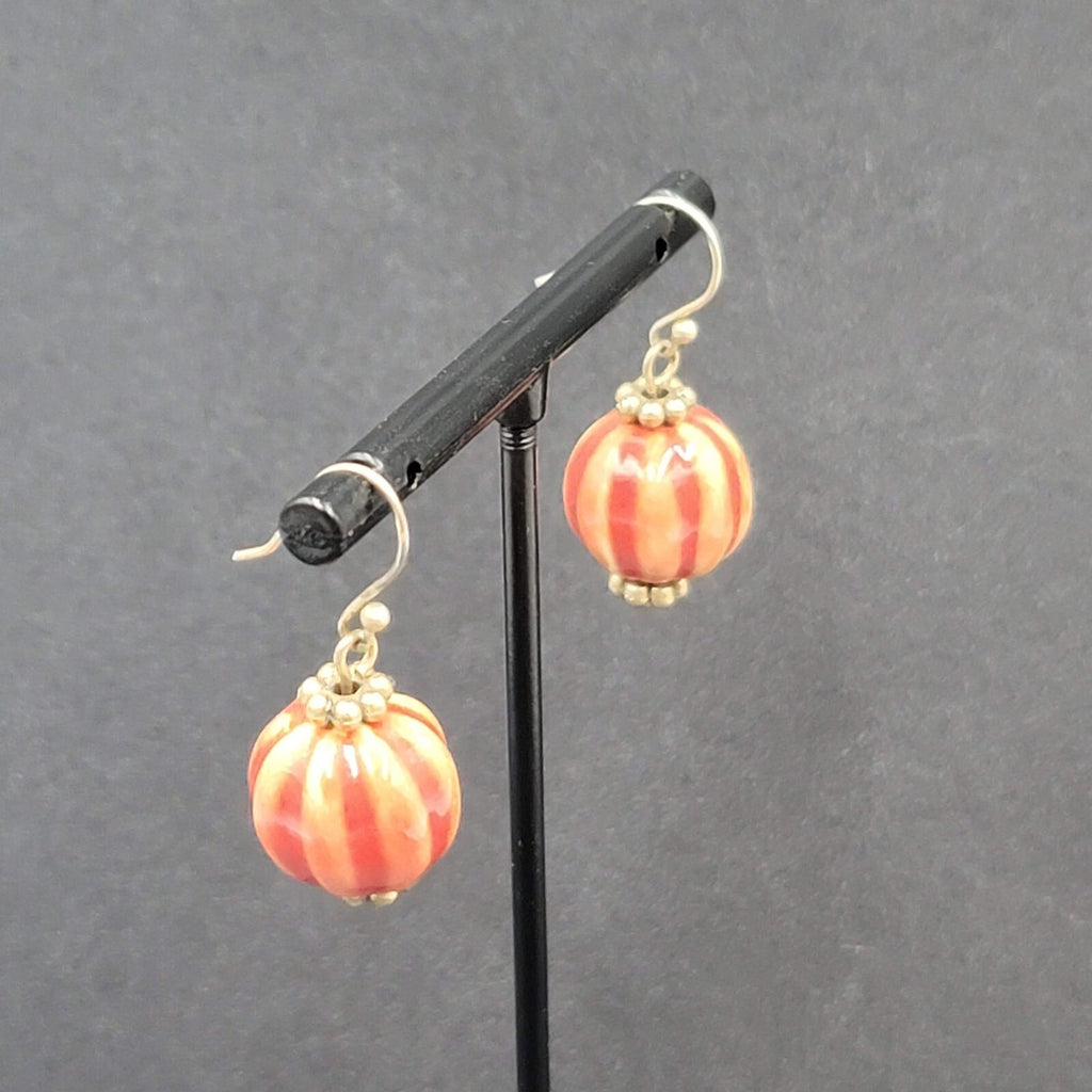 Pierced Earrings Gold tone Hand Painted Pottery Bead Dangle 3/4"