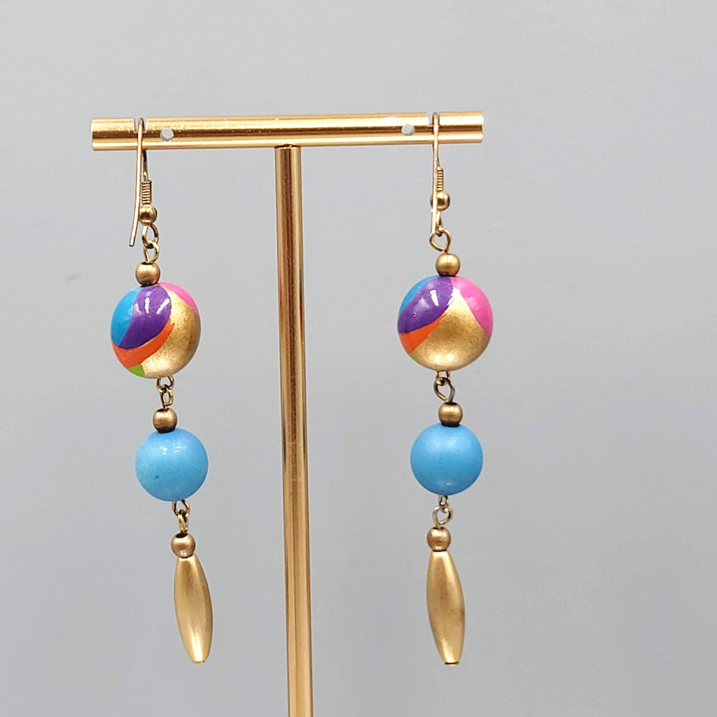 Long Pierced Earrings Hand Painted Bead Gold tone Dangle 2.75"