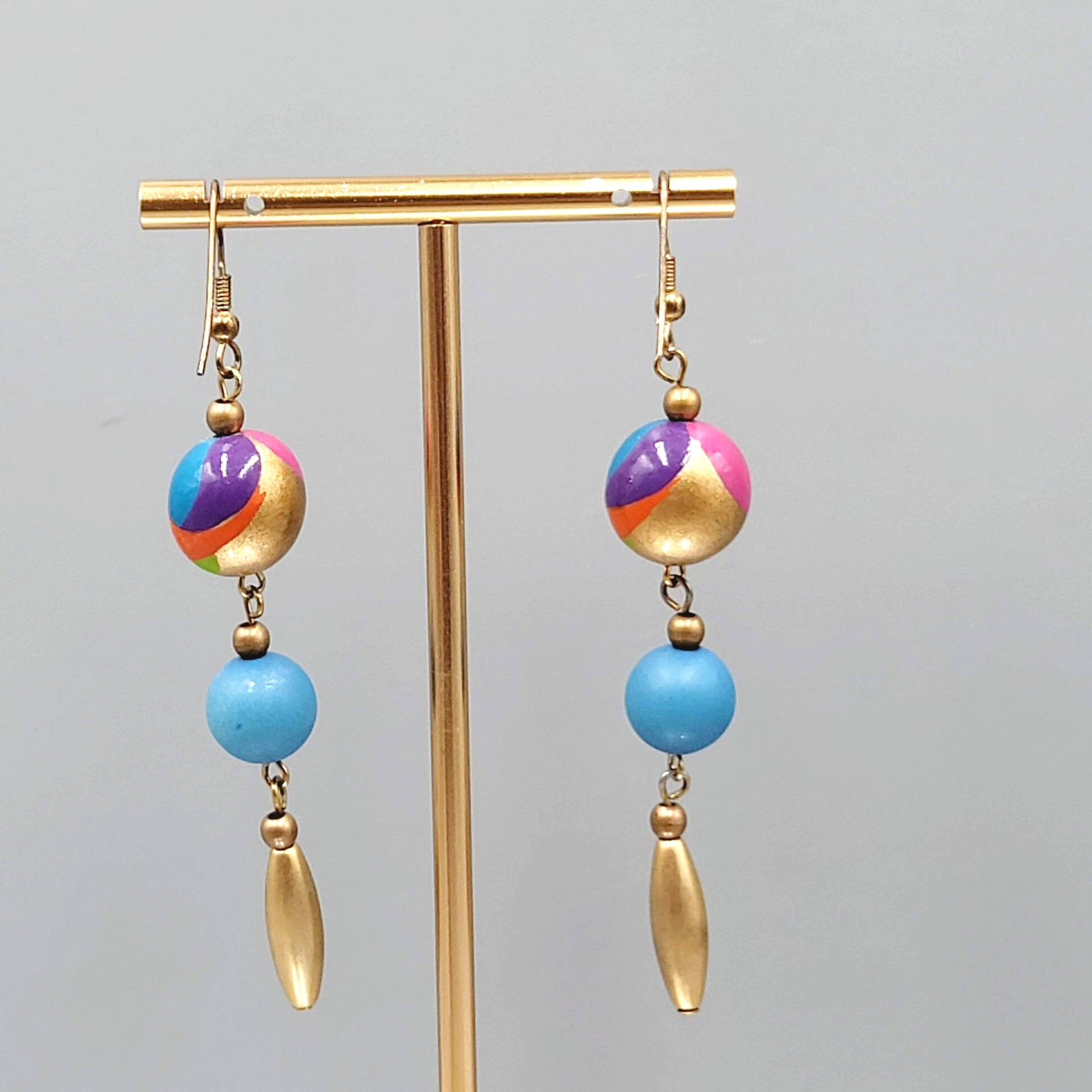 Long Pierced Earrings Hand Painted Bead Gold tone Dangle 2.75"