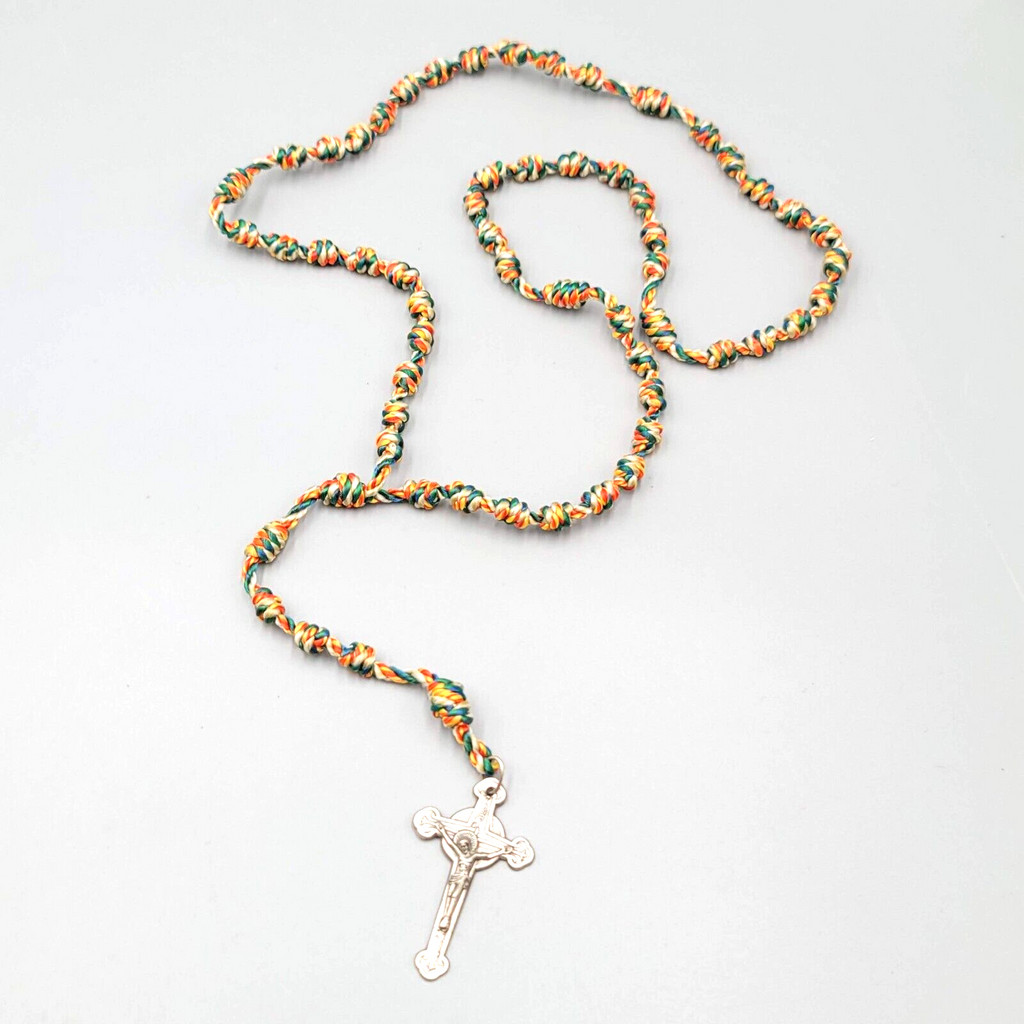 Hand Knotted Rosary Multi Color Thread Silver tone Crucifix Hand Made
