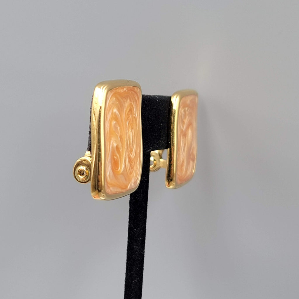 Vintage Monet Clip on Earrings Gold plated Rectangle Peach Swirl Enamel Drop 1"