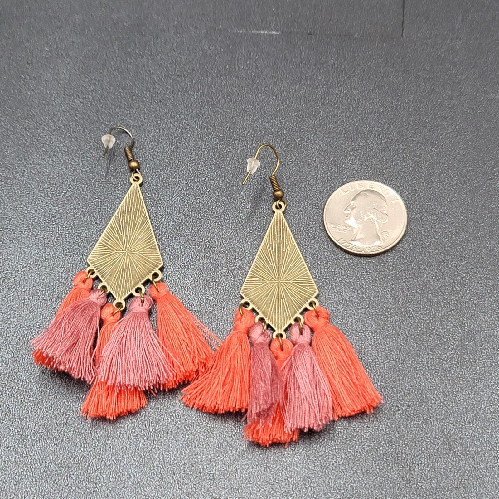New Boho Pierced Earrings Antiqued Gold tone Enamel Orange Purple Tassel 3"