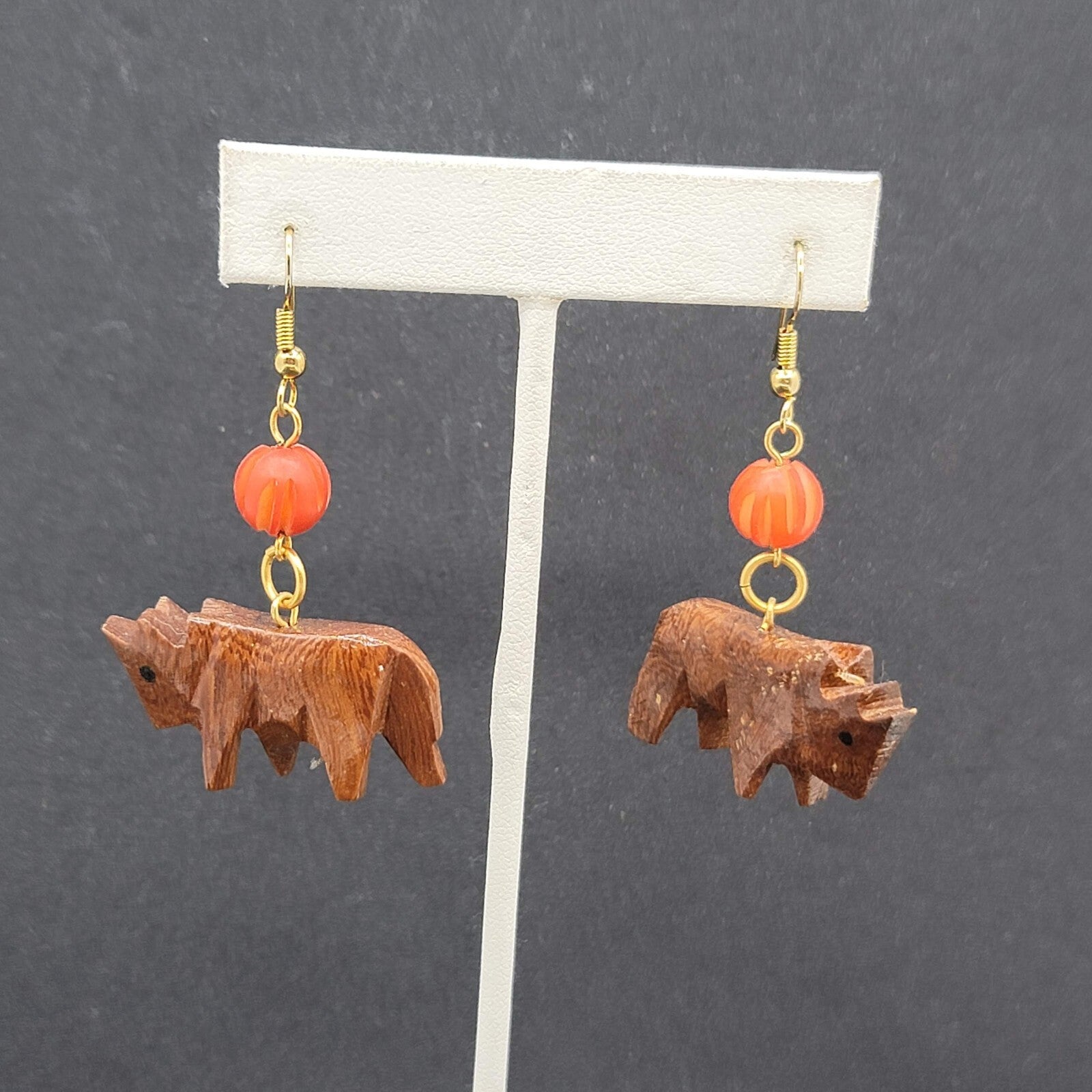 Hand Carved Wooden Animal Dangle Earrings Orange Bead 1.5"