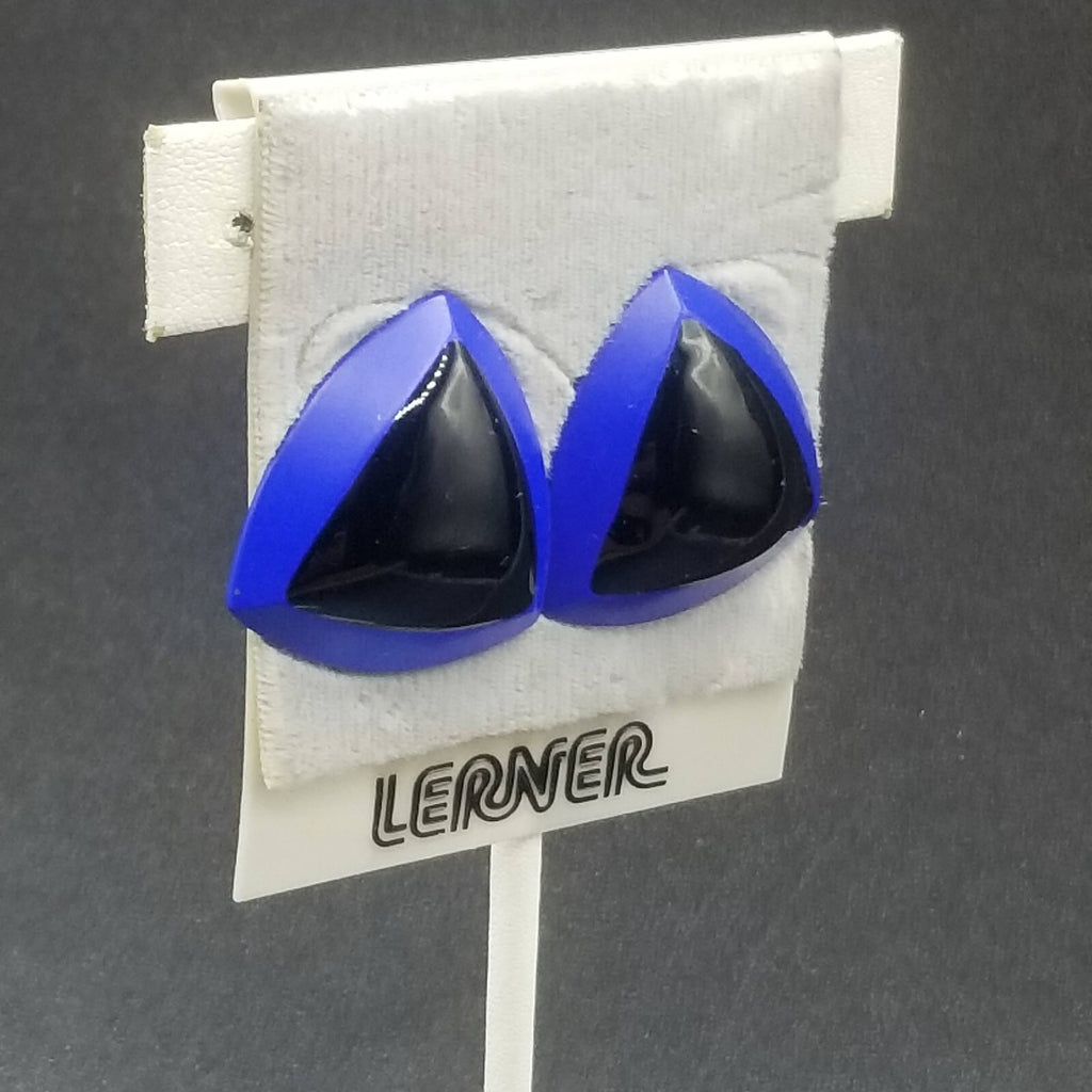 Vintage Pierced Earrings Blue Black Enamel Geometric Statement Drop 1"