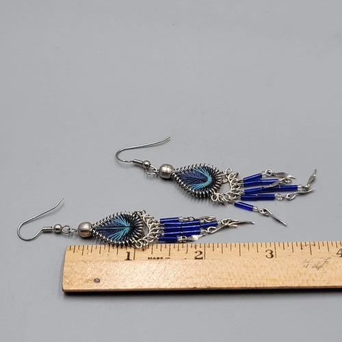 Boho Blue String Art Pierced Earrings Silver tone Dangle  2.75"