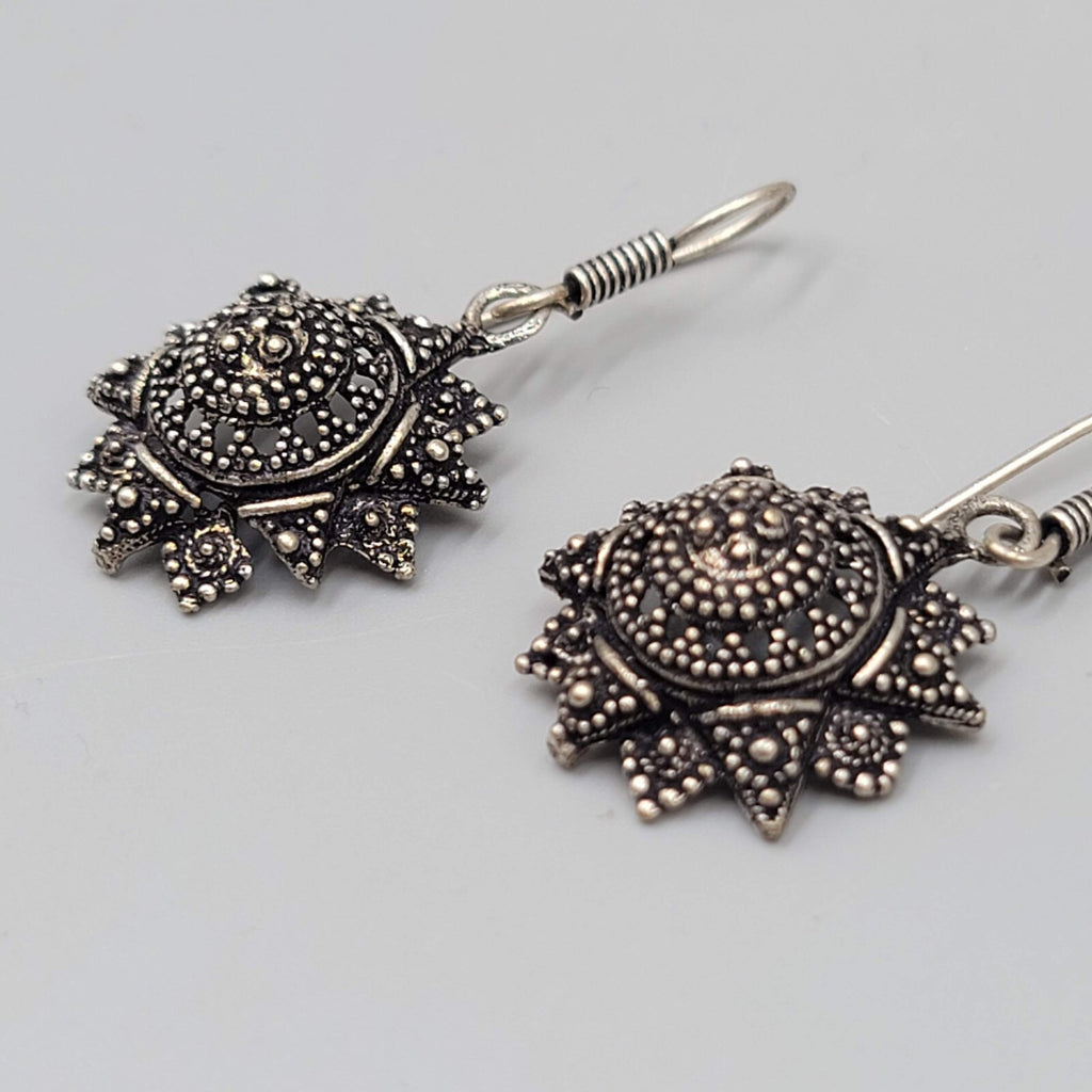 Oxidized Silver tone Pierced Earrings Boho Ethnic Ornate Dangle 1"