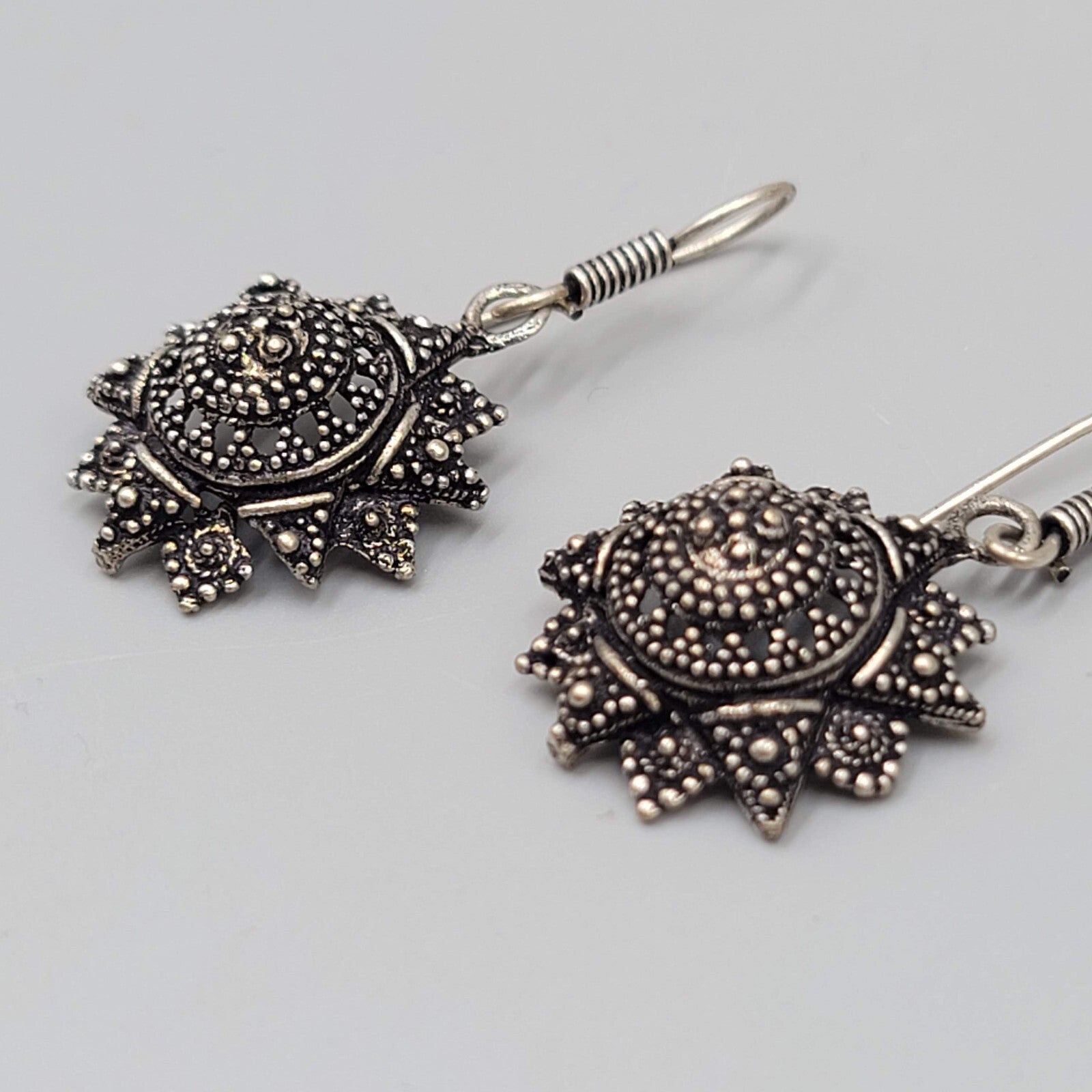 Oxidized Silver tone Pierced Earrings Boho Ethnic Ornate Dangle 1"