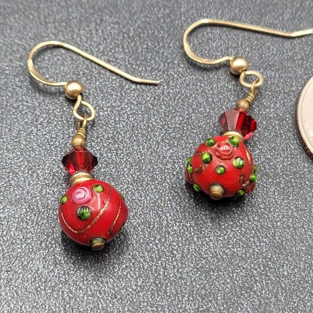 Gold Filled Pierced Earrings Red Glass Wedding Cake Bead Flowers 1"