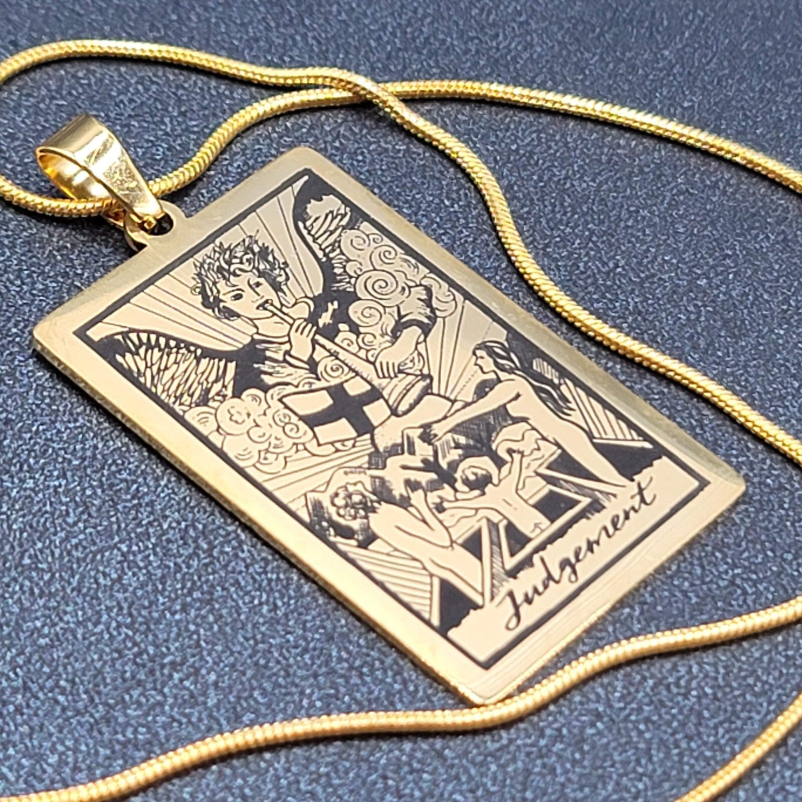 JUDGEMENT Tarot Card Pendant Necklace Major Arcana Gold tone 18”.