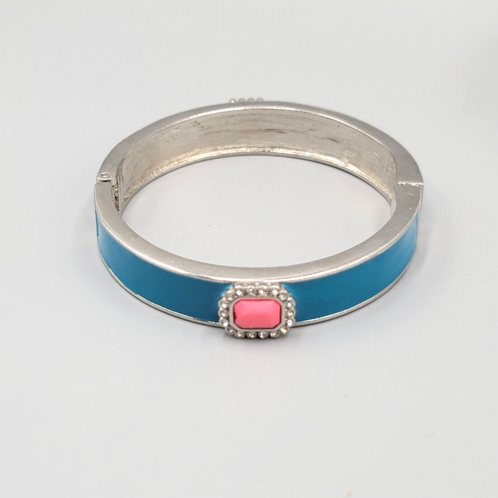 Hinged Bangle Bracelet Silver tone Blue Enamel Pink Accent 7.25"